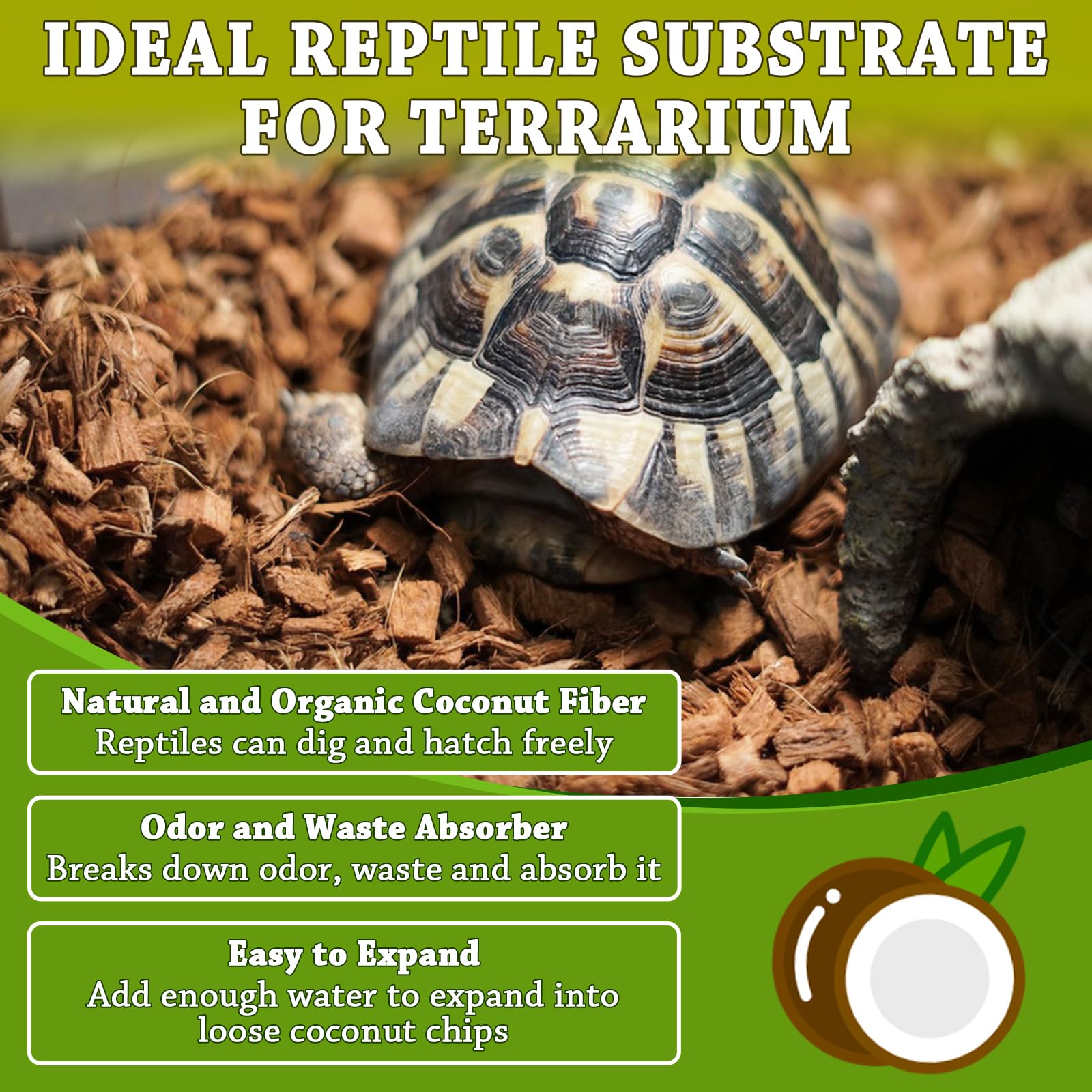 Zeedix 3Pcs Natural Coconut Chips Substrate For Reptiles, Coconut Fiber Husk Reptiles Bedding, Compressed Coco Chips Substrate F